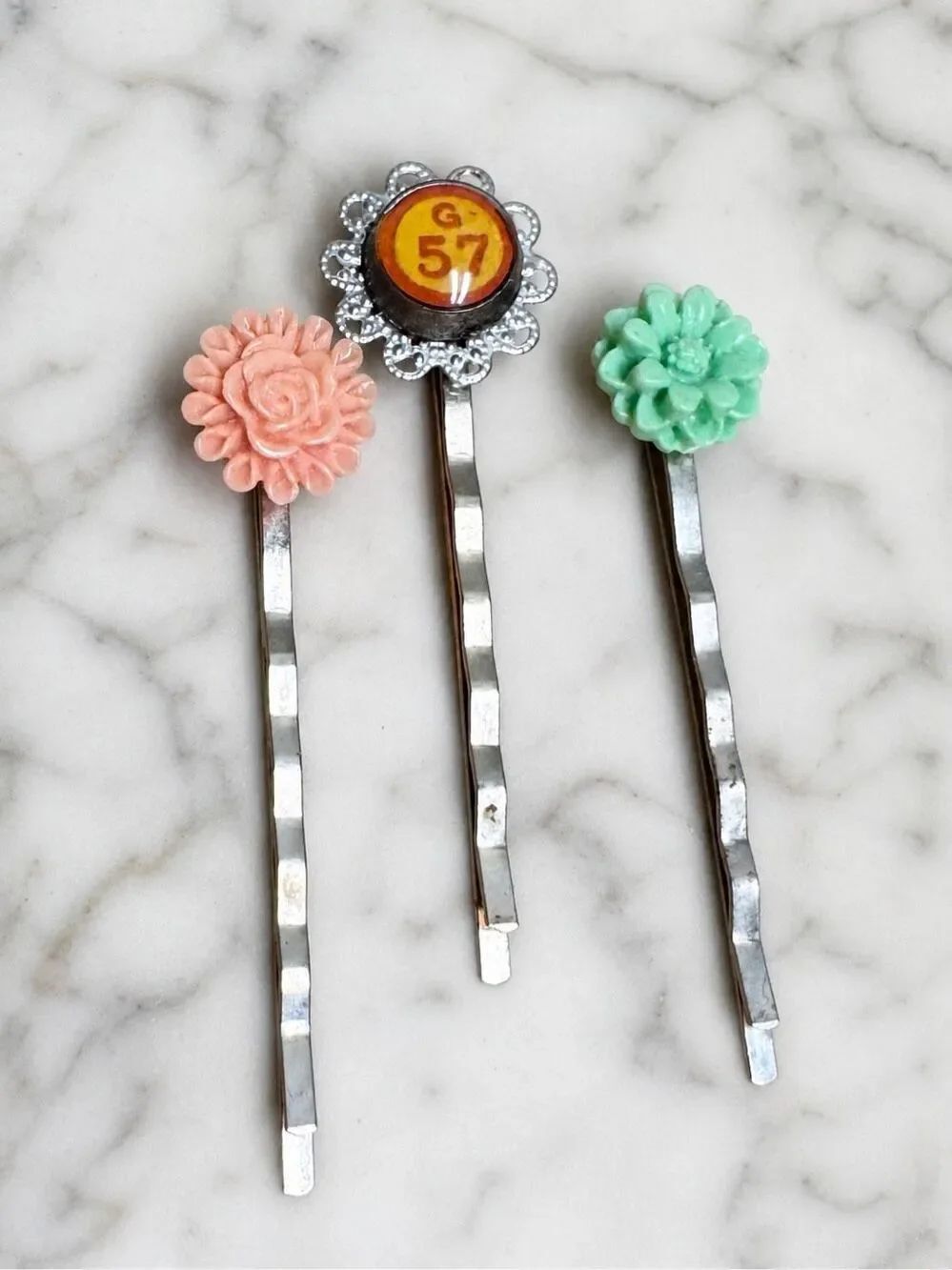 Handmade Floral Bobby Pin Set of 3 Resin Hair Pins Pink Mint Green